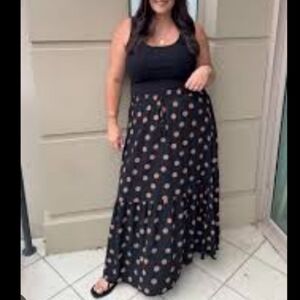 Elegant Black and Brown Polka Dot Tank Maxi Dress, Sz. 2X